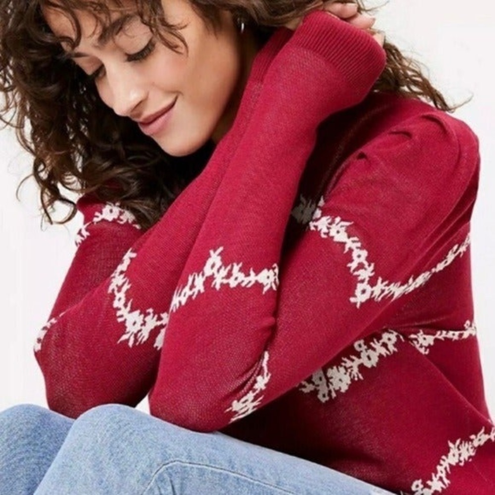 NEW!! LOFT Floral Puff Sleeve Sweater Raspberry M